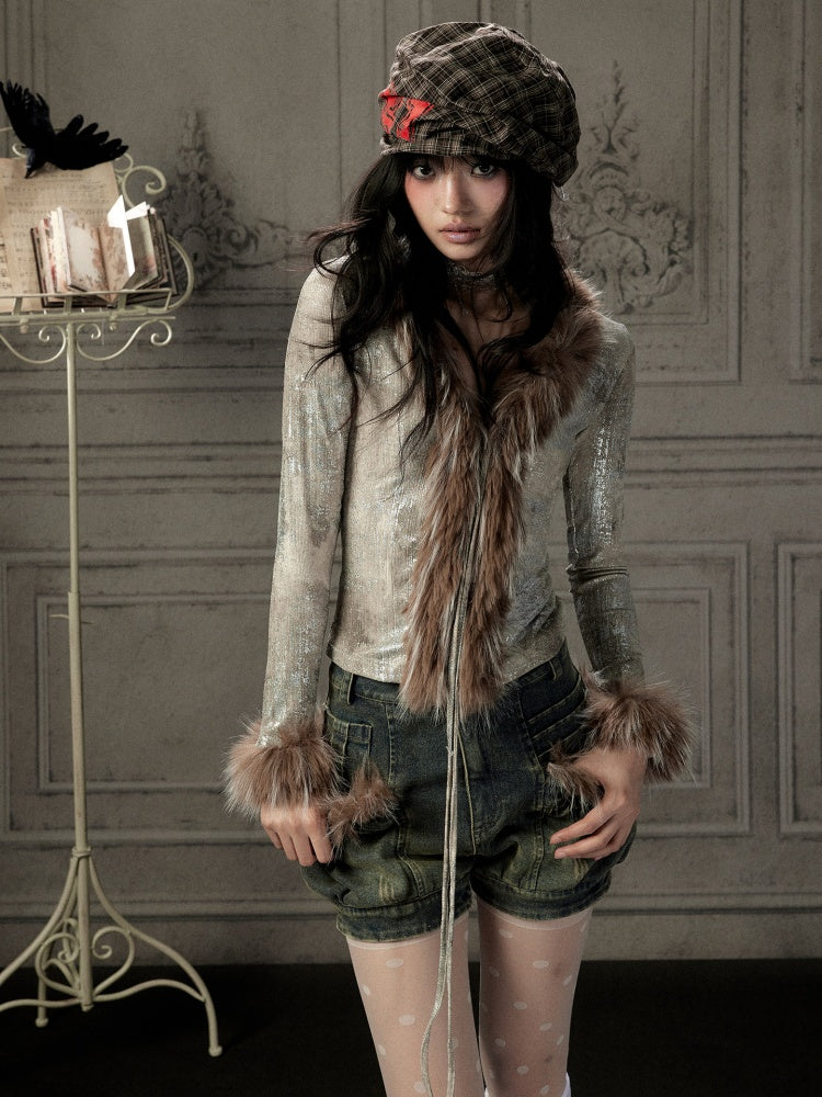 Fur Collar V-Neck Gray Long-Sleeve T-Shirt【s0000019048】