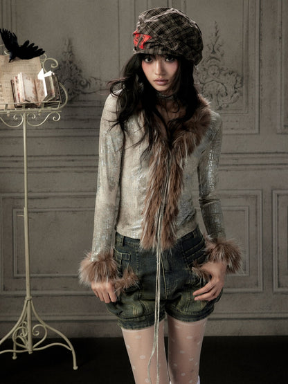 Fur Collar V-Neck Gray Long-Sleeve T-Shirt【s0000019048】