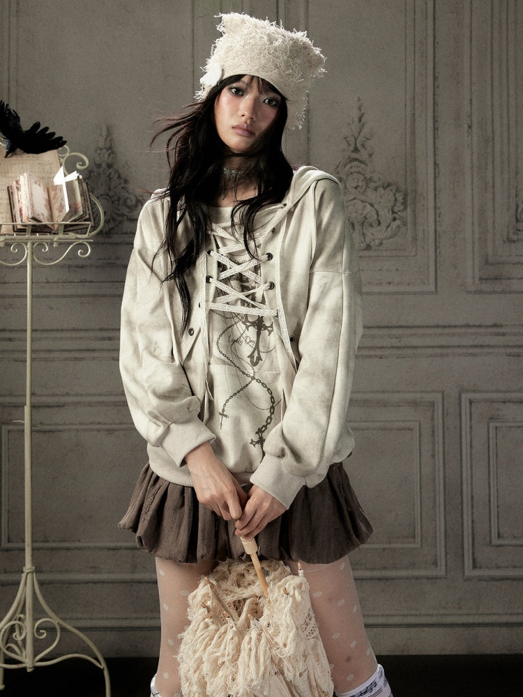 Drawstring Print Pullover Distressed Hoodie【s0000019049】