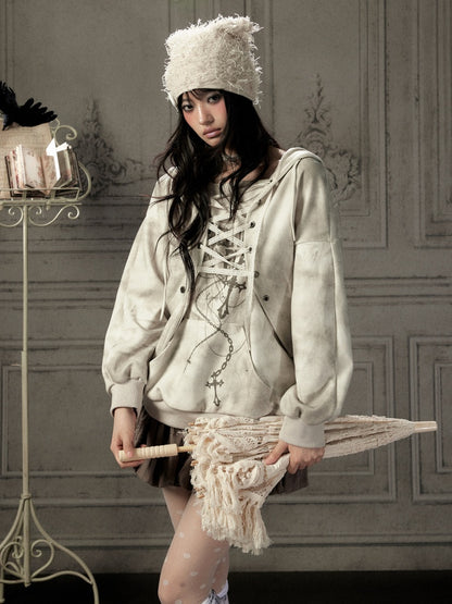 Drawstring Print Pullover Distressed Hoodie【s0000019049】