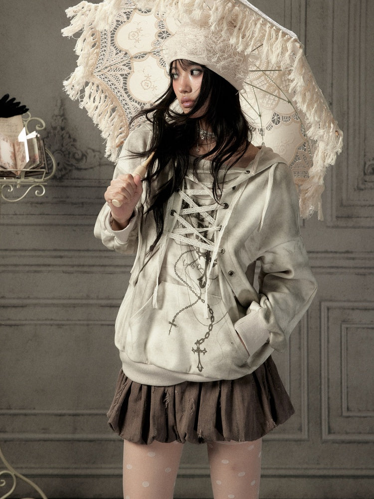 Drawstring Print Pullover Distressed Hoodie【s0000019049】