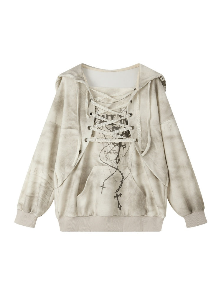 Drawstring Print Pullover Distressed Hoodie【s0000019049】