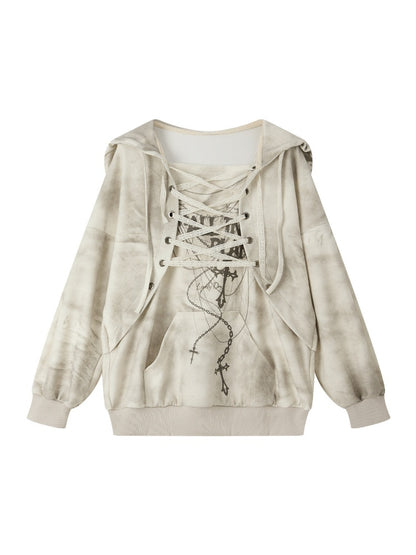 Drawstring Print Pullover Distressed Hoodie【s0000019049】