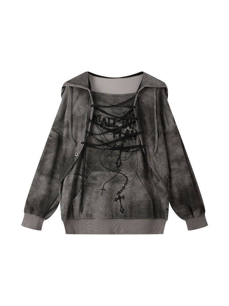 Drawstring Print Pullover Distressed Hoodie【s0000019049】