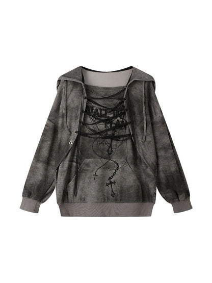 Drawstring Print Pullover Distressed Hoodie【s0000019049】