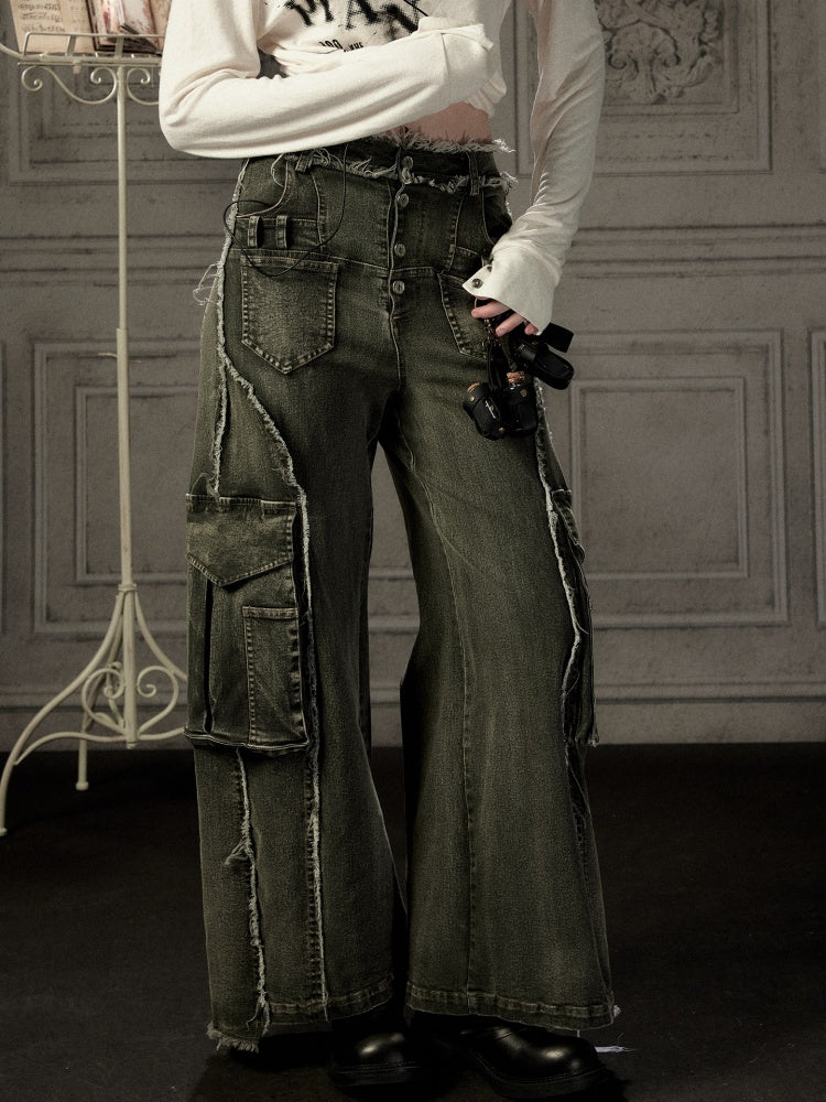 Distressed Flared High-Waist Wide-Leg Jeans【s0000019050】