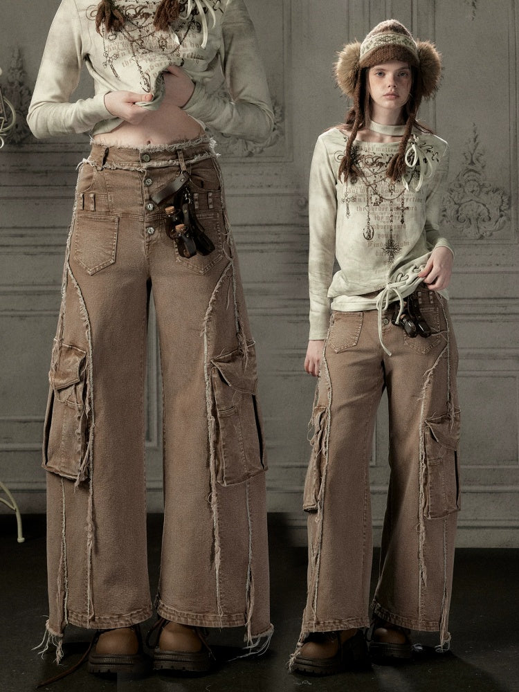 Distressed Flared High-Waist Wide-Leg Jeans【s0000019050】