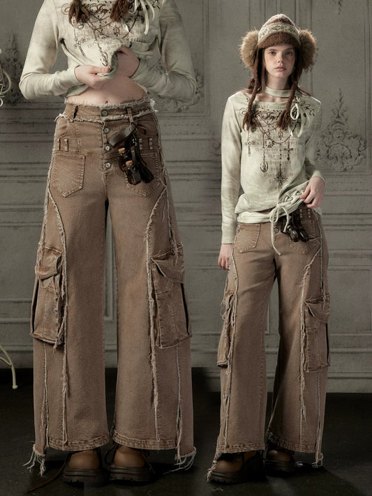 Distressed Flared High-Waist Wide-Leg Jeans【s0000019050】