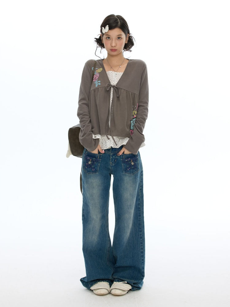 Slimming Casual Star-Shaped Patch Pocket Straight-Leg Slightly Flared Bamboo Jeans【s0000019051】