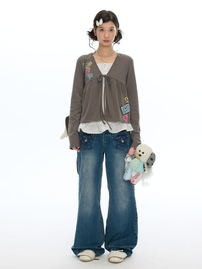 Slimming Casual Star-Shaped Patch Pocket Straight-Leg Slightly Flared Bamboo Jeans【s0000019051】