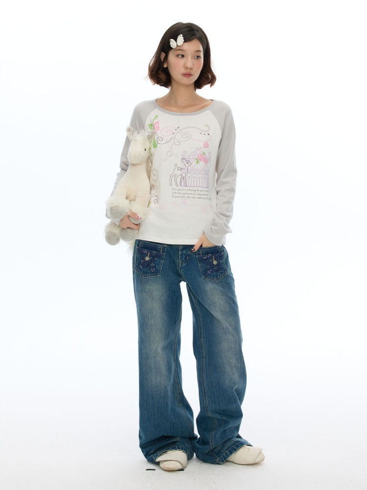 Slimming Casual Star-Shaped Patch Pocket Straight-Leg Slightly Flared Bamboo Jeans【s0000019051】