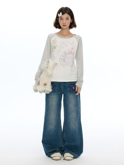 Slimming Casual Star-Shaped Patch Pocket Straight-Leg Slightly Flared Bamboo Jeans【s0000019051】