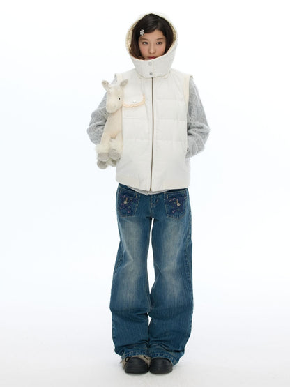 Slimming Casual Star-Shaped Patch Pocket Straight-Leg Slightly Flared Bamboo Jeans【s0000019051】