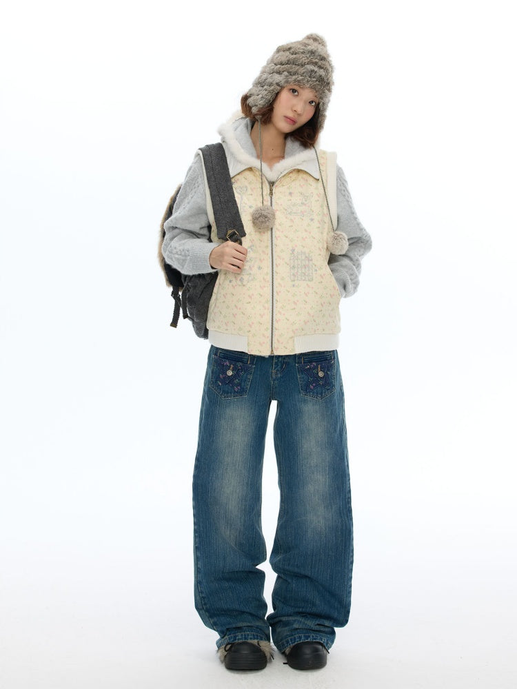 Slimming Casual Star-Shaped Patch Pocket Straight-Leg Slightly Flared Bamboo Jeans【s0000019051】