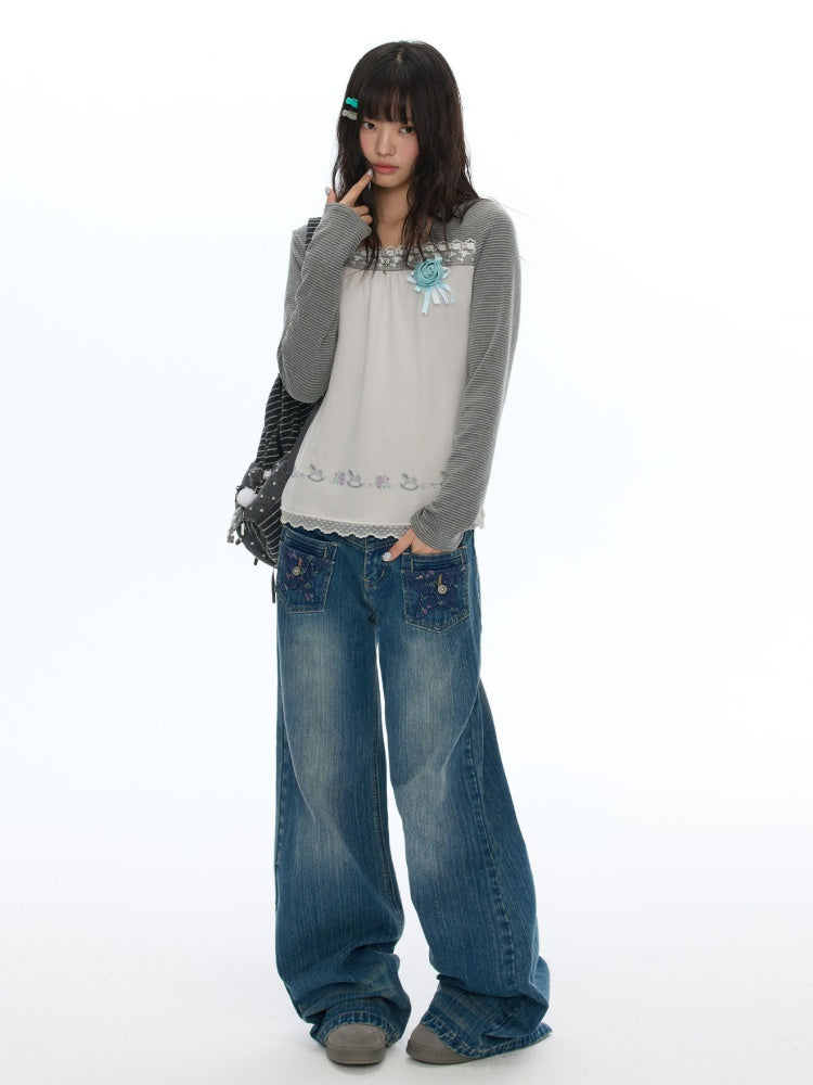 Slimming Casual Star-Shaped Patch Pocket Straight-Leg Slightly Flared Bamboo Jeans【s0000019051】