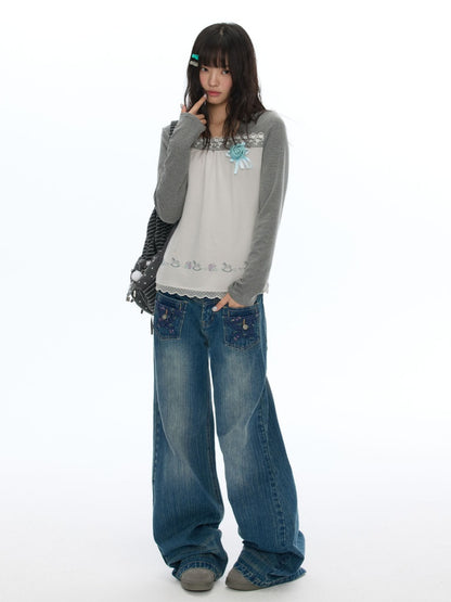 Slimming Casual Star-Shaped Patch Pocket Straight-Leg Slightly Flared Bamboo Jeans【s0000019051】
