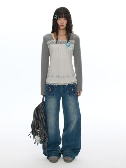 Slimming Casual Star-Shaped Patch Pocket Straight-Leg Slightly Flared Bamboo Jeans【s0000019051】