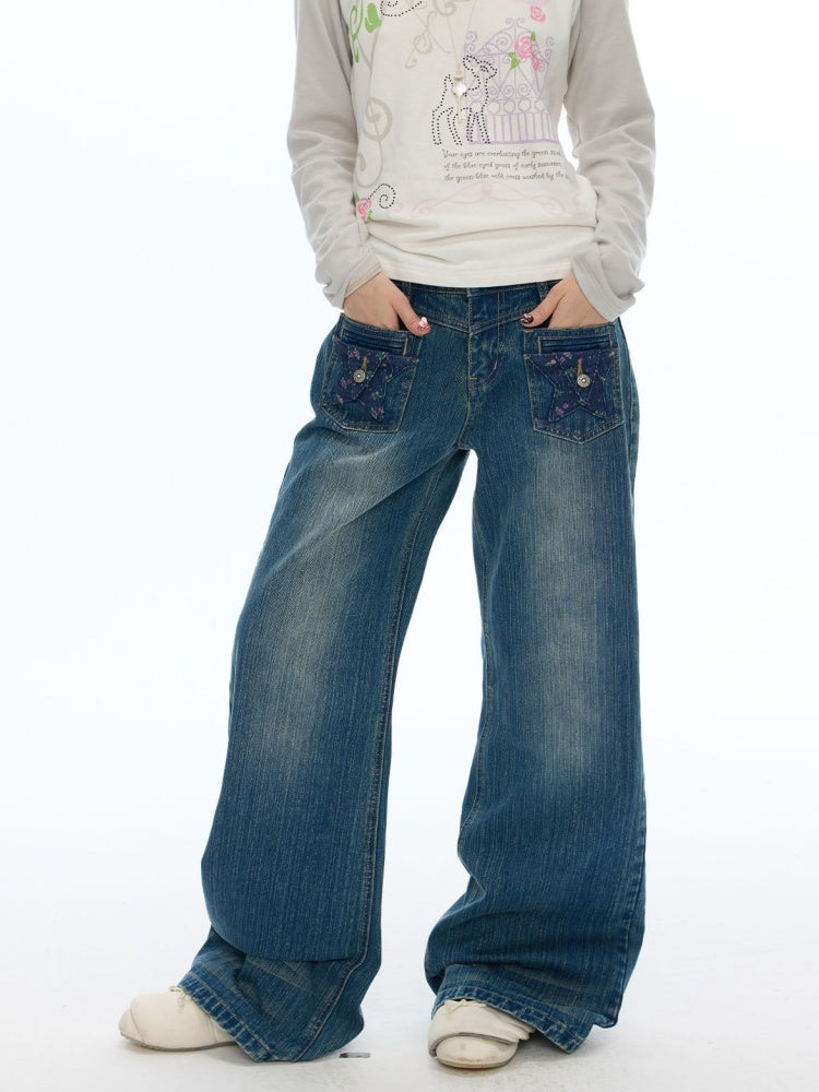 Slimming Casual Star-Shaped Patch Pocket Straight-Leg Slightly Flared Bamboo Jeans【s0000019051】