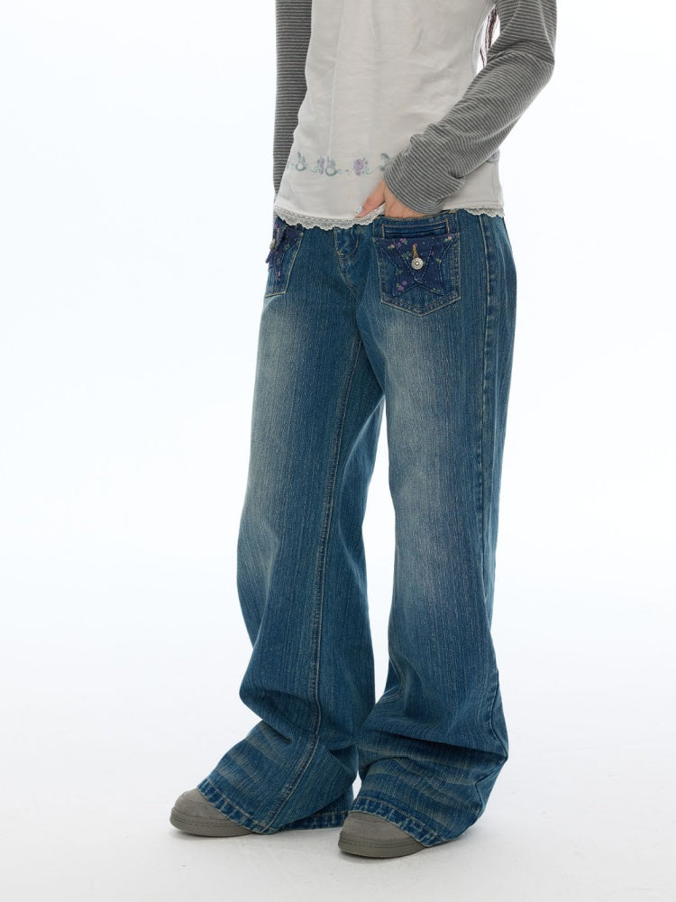 Slimming Casual Star-Shaped Patch Pocket Straight-Leg Slightly Flared Bamboo Jeans【s0000019051】
