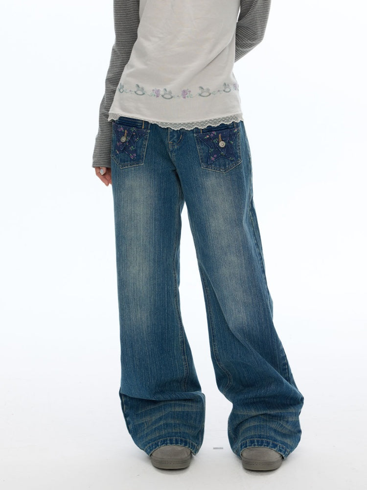 Slimming Casual Star-Shaped Patch Pocket Straight-Leg Slightly Flared Bamboo Jeans【s0000019051】