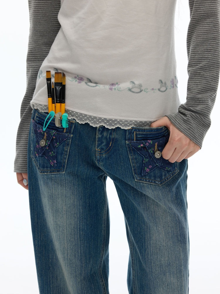 Slimming Casual Star-Shaped Patch Pocket Straight-Leg Slightly Flared Bamboo Jeans【s0000019051】