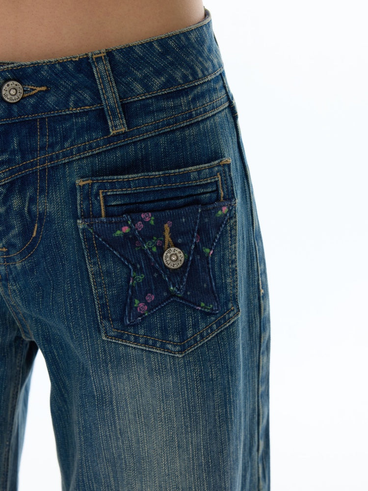 Slimming Casual Star-Shaped Patch Pocket Straight-Leg Slightly Flared Bamboo Jeans【s0000019051】