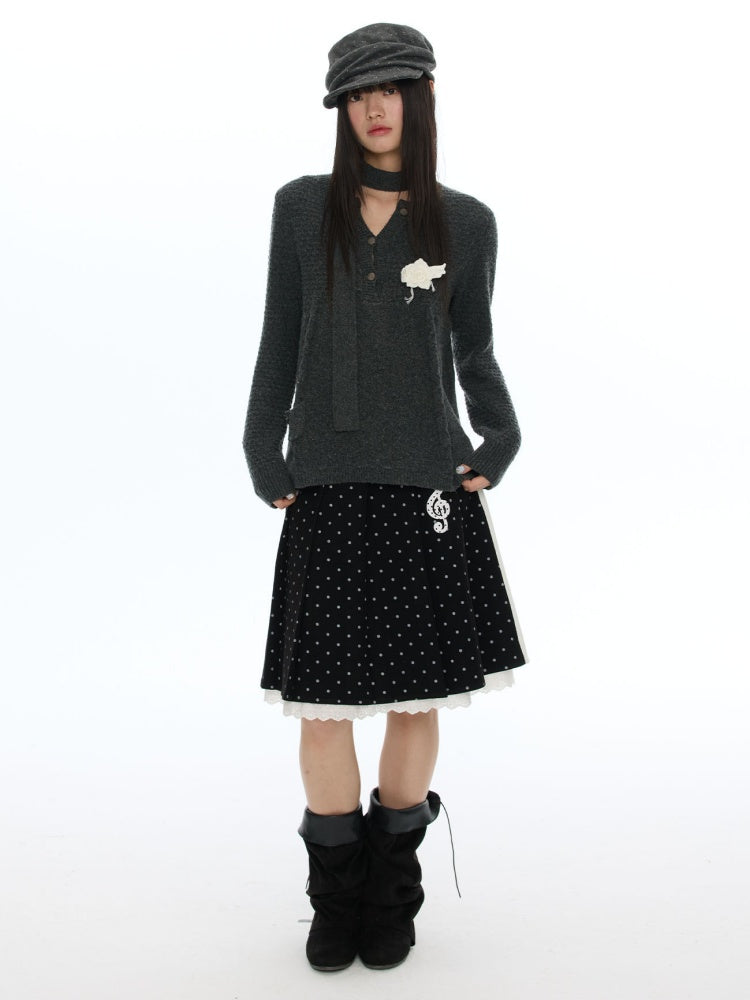 Piano Key Polka Dot Woolen Pleated Skirt【s0000019053】