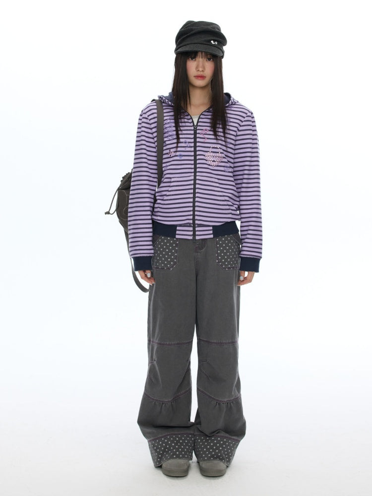 Stripe Cross-Stitch Hooded Double-Zipper Sweatshirt【s0000019056】