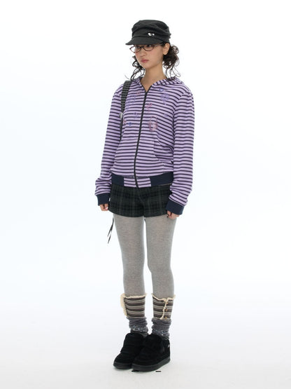 Stripe Cross-Stitch Hooded Double-Zipper Sweatshirt【s0000019056】