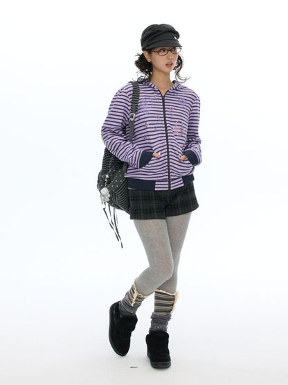 Stripe Cross-Stitch Hooded Double-Zipper Sweatshirt【s0000019056】