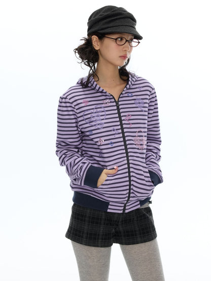 Stripe Cross-Stitch Hooded Double-Zipper Sweatshirt【s0000019056】