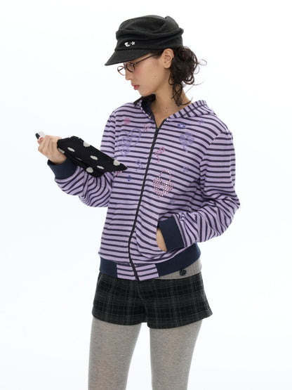 Stripe Cross-Stitch Hooded Double-Zipper Sweatshirt【s0000019056】