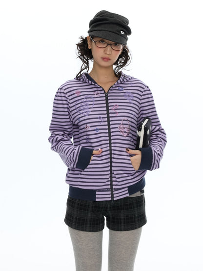 Stripe Cross-Stitch Hooded Double-Zipper Sweatshirt【s0000019056】