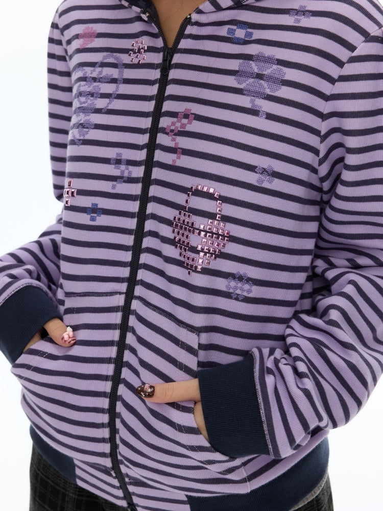 Stripe Cross-Stitch Hooded Double-Zipper Sweatshirt【s0000019056】