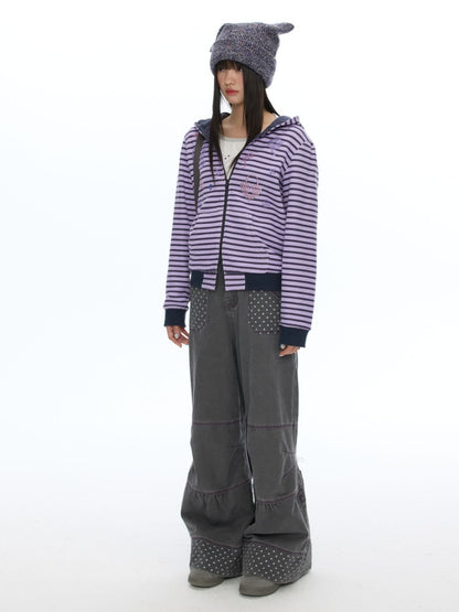 Stripe Cross-Stitch Hooded Double-Zipper Sweatshirt【s0000019056】