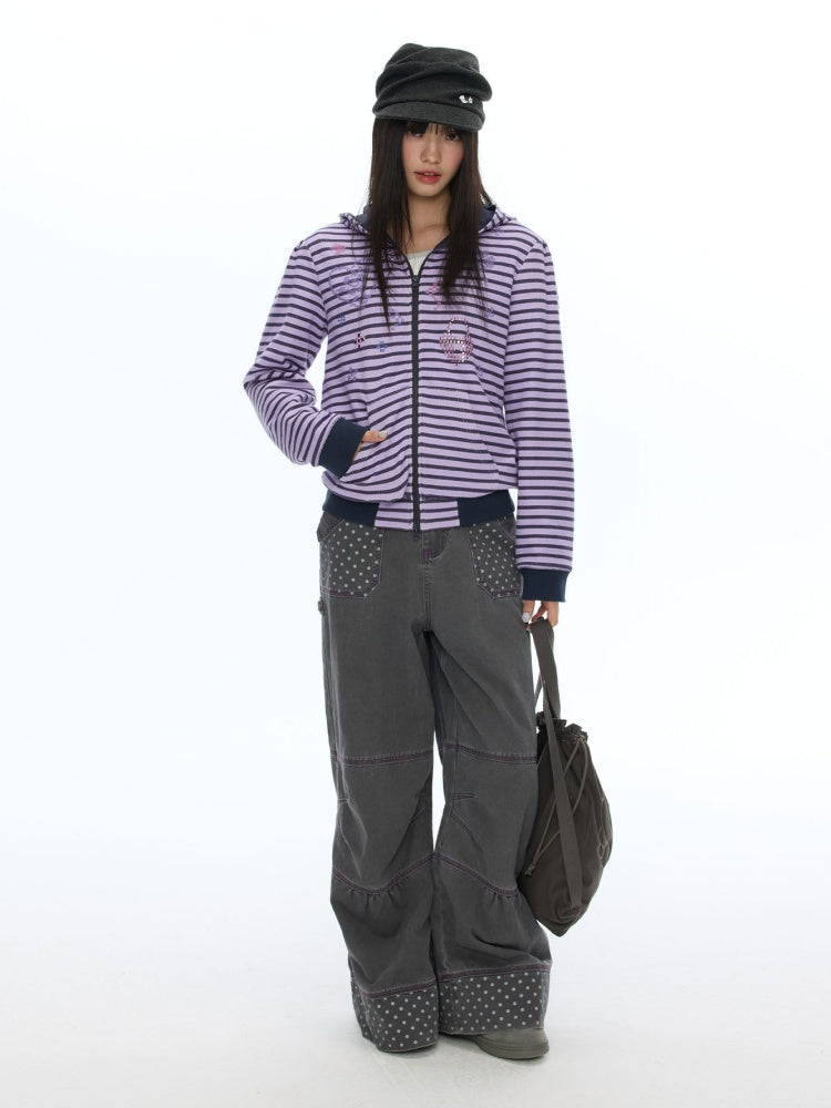 Stripe Cross-Stitch Hooded Double-Zipper Sweatshirt【s0000019056】