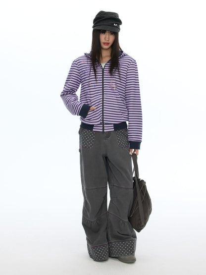 Stripe Cross-Stitch Hooded Double-Zipper Sweatshirt【s0000019056】