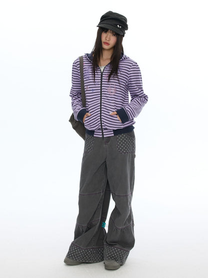 Stripe Cross-Stitch Hooded Double-Zipper Sweatshirt【s0000019056】