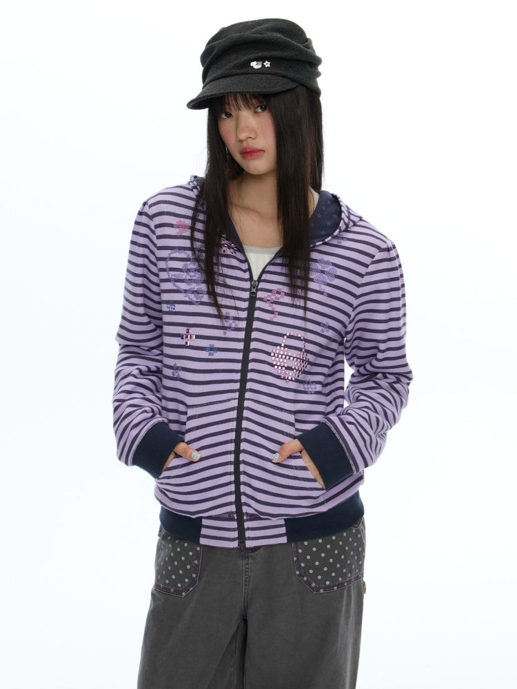 Stripe Cross-Stitch Hooded Double-Zipper Sweatshirt【s0000019056】