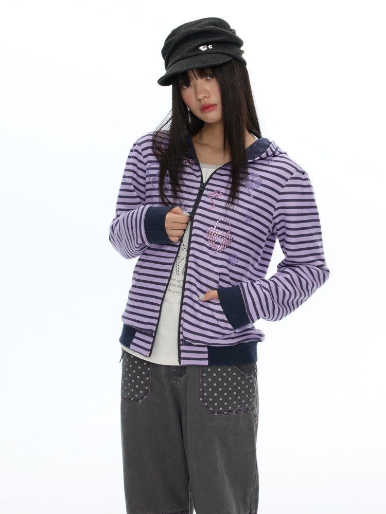 Stripe Cross-Stitch Hooded Double-Zipper Sweatshirt【s0000019056】