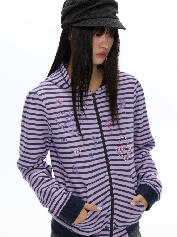 Stripe Cross-Stitch Hooded Double-Zipper Sweatshirt【s0000019056】