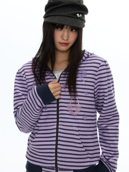 Stripe Cross-Stitch Hooded Double-Zipper Sweatshirt【s0000019056】