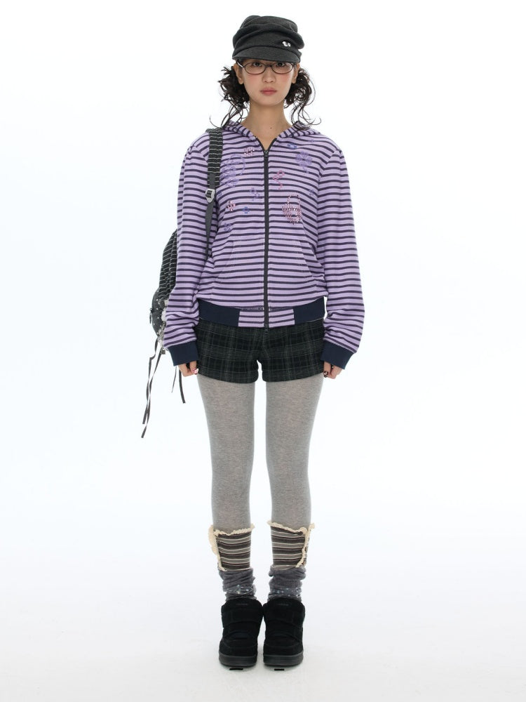 Stripe Cross-Stitch Hooded Double-Zipper Sweatshirt【s0000019056】