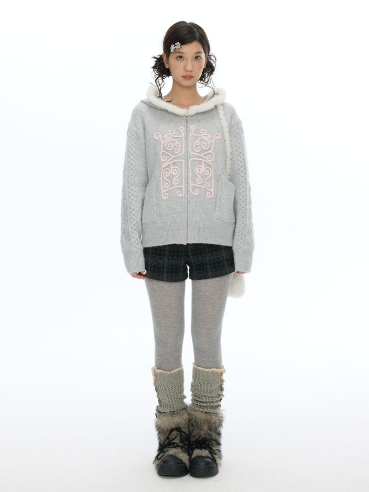 Rope Window Embroidered Hooded Fur Collar Knit Sweater Jacket【s0000019057】