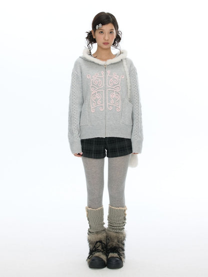 Rope Window Embroidered Hooded Fur Collar Knit Sweater Jacket【s0000019057】