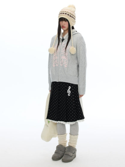 Rope Window Embroidered Hooded Fur Collar Knit Sweater Jacket【s0000019057】