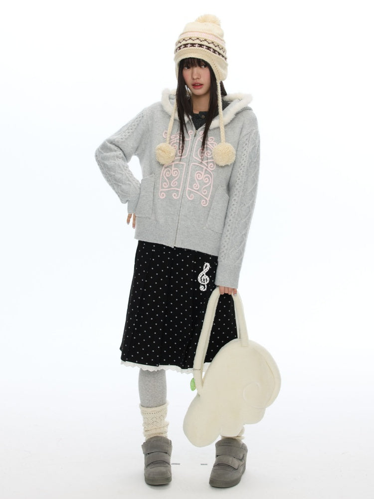 Rope Window Embroidered Hooded Fur Collar Knit Sweater Jacket【s0000019057】