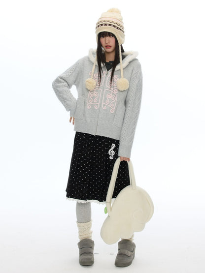 Rope Window Embroidered Hooded Fur Collar Knit Sweater Jacket【s0000019057】