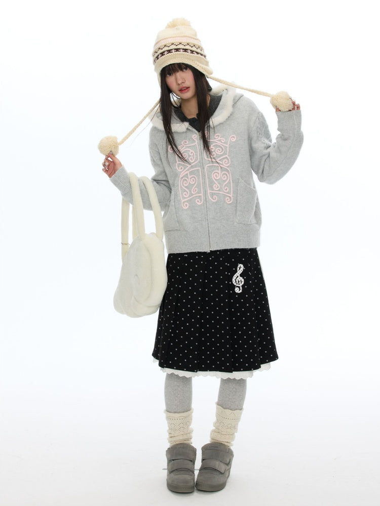 Rope Window Embroidered Hooded Fur Collar Knit Sweater Jacket【s0000019057】