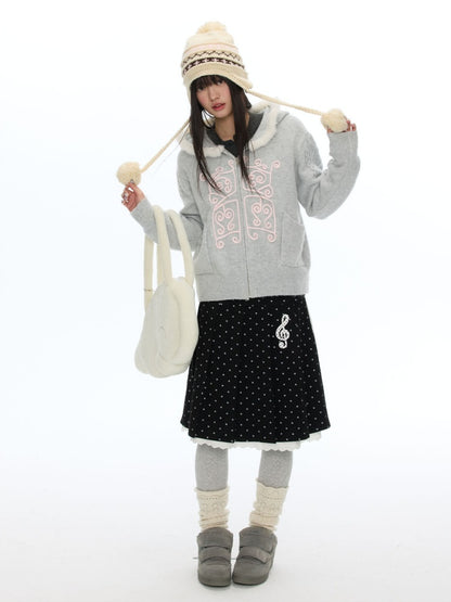 Rope Window Embroidered Hooded Fur Collar Knit Sweater Jacket【s0000019057】